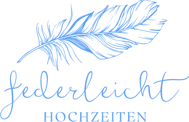 Logo von federleicht HOCHZEITEN mit blauer Feder und blauem Schriftzug auf dunklem Hintergrund.