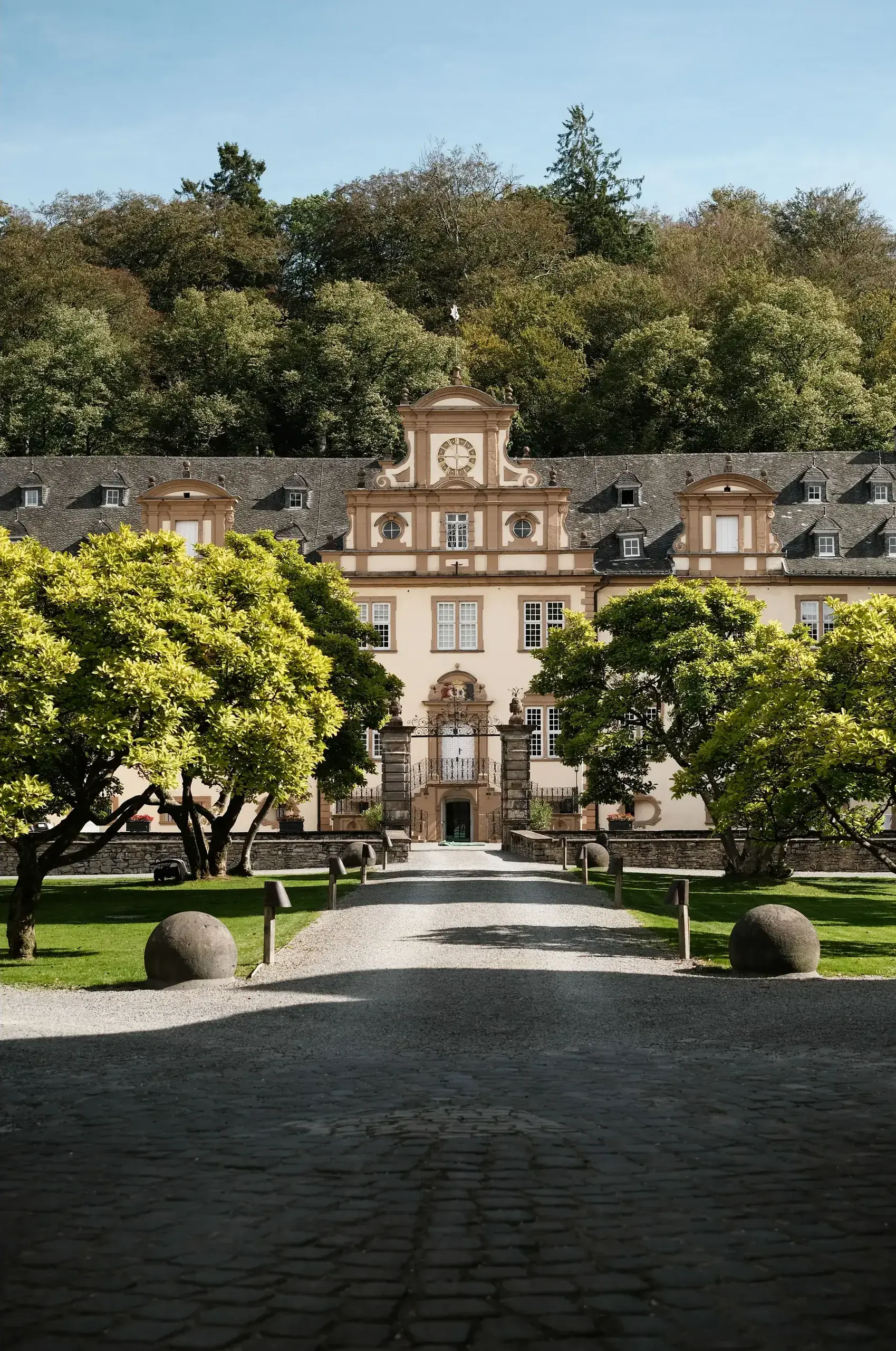 Historisches Schloss mit heller Fassade, geschwungenen Giebeln und einer von Bäumen gesäumten Zufahrt.